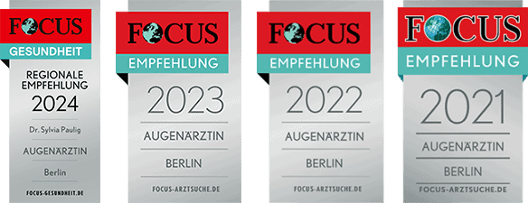 Die vier Auszeichnungen zeigen Empfehlungen für eine Augenärztin aus Berlin in den Jahren 2021, 2022, 2023 und 2024.